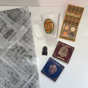 Harry Potter She Glam Eyeshadow, NYC Butterbeer mug + Hogwarts Pin, London Paper